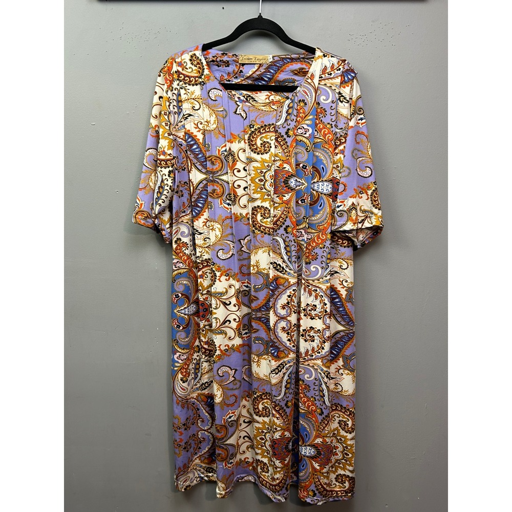 Jessica Taylor NYC‎ Womens XL Paisley Shift Dress Purple Orange Short Sleeve